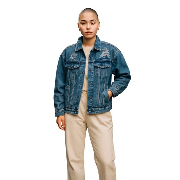 Distressed 1X Denim Jean Jacket - Picture 1 of 9